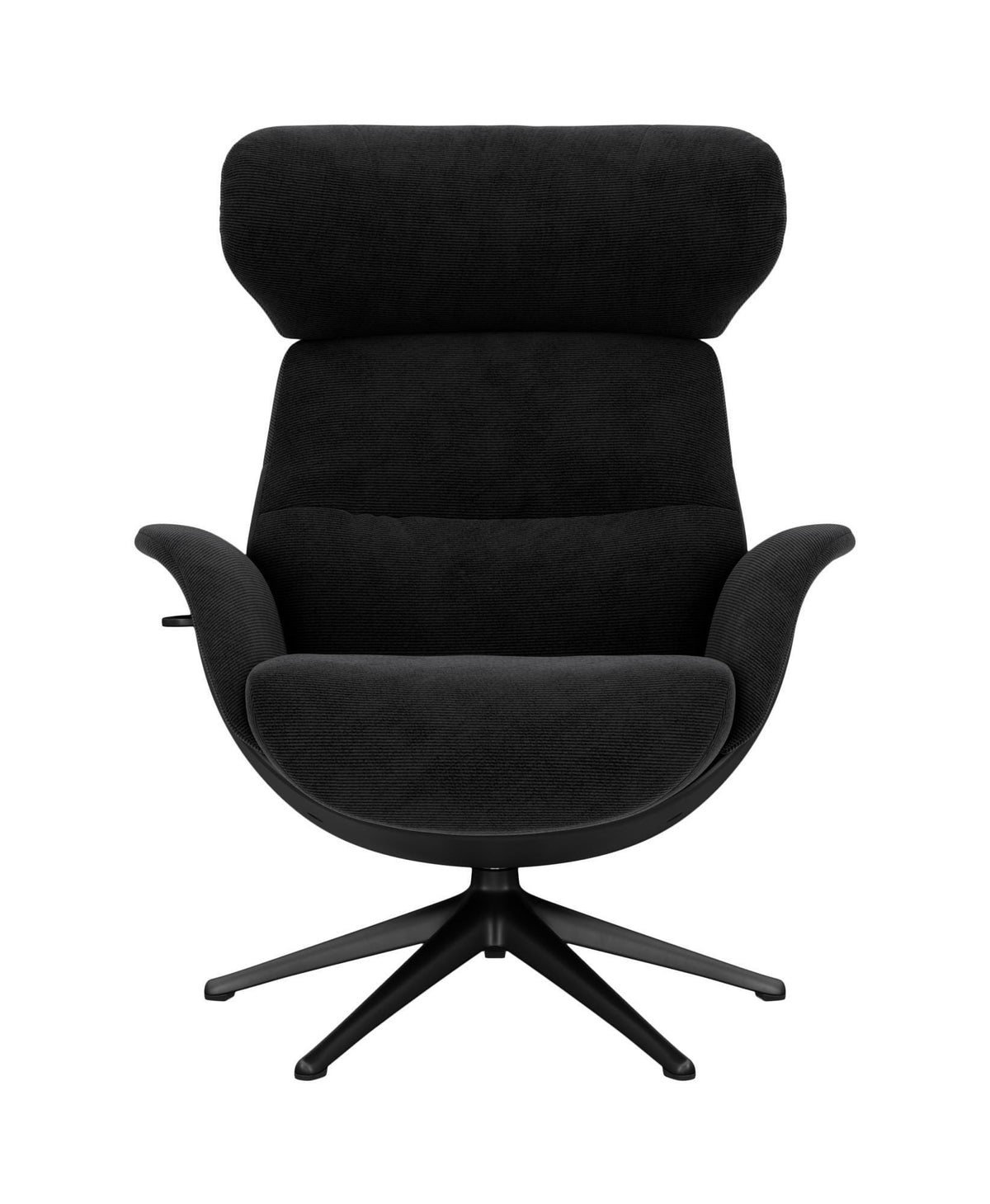 Sort drejestol med høj ryg og polstrede armlæn i moderne design, set forfra.
