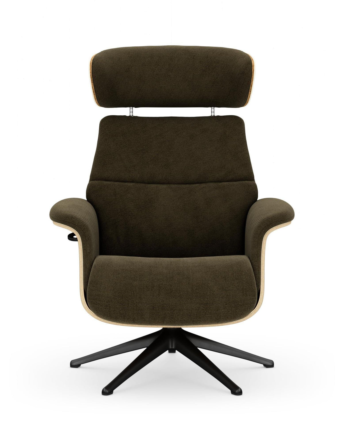 Grøn loungestol med justerbar nakkestøtte, sort drejefod og trækant, frilagt på hvid baggrund.