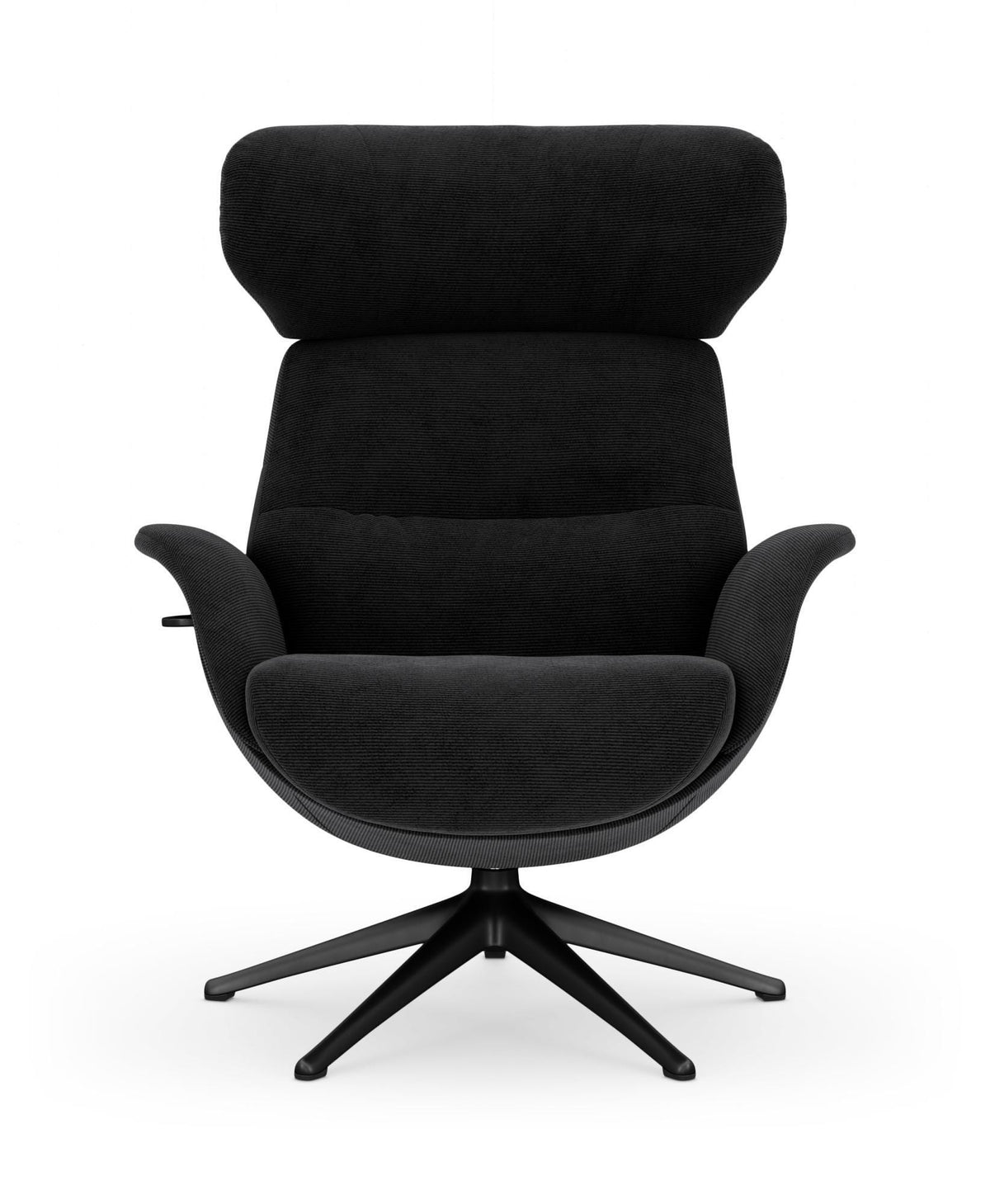 Sort loungestol med høj ryg og drejefod, frontvisning på hvid baggrund.