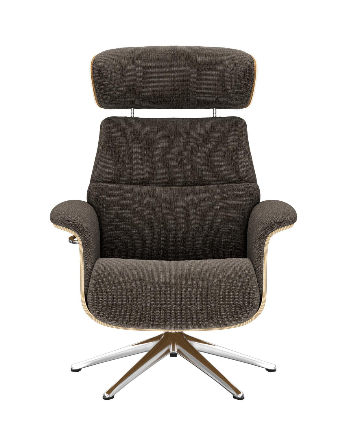 Moderne loungestol i mørkegråt tekstil med høj nakkepude og metallisk stjernefod, set forfra.