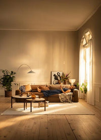 Stue i varmt dagslys med kvinde der læser på brun sofa, runde sofaborde, buet gulvlampe, planter og lyse gardiner.