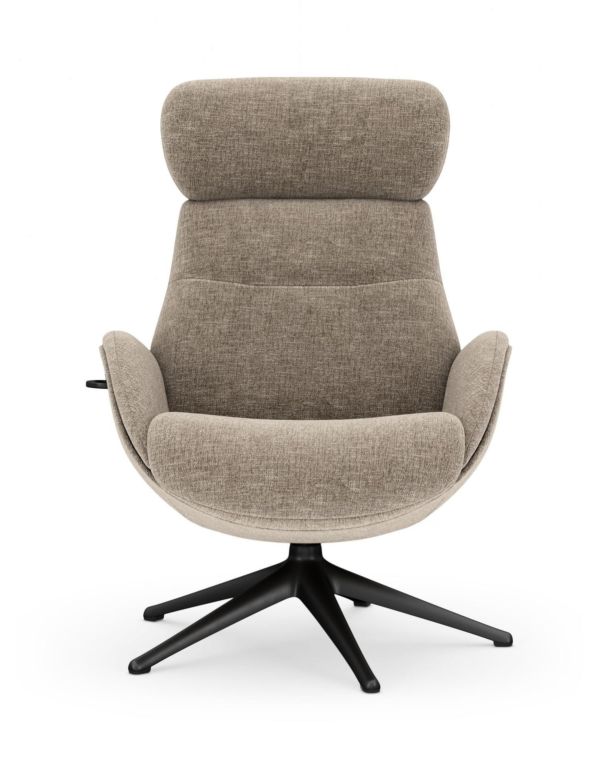 Beige drejestol med høj ryg og sort femstjernet base, frontvisning.