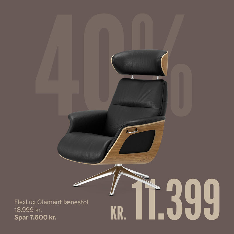 FlexLux Clement lænestol med trædetaljer, 40% rabat – nu kr. 11.399, før 18.999 kr., spar 7.600 kr.