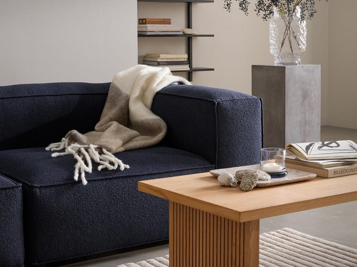 Stilren stue med mørkeblå sofa, beige plaid, træbord med lys, sten og bøger, hvoraf en hedder BILLEDKUNST; væghylde og glasvase med grene på sokkel.