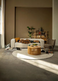 Stue med beige sofa hvor en person hviler, rundt tæppe og træ-sofabord, reol med bøger og planter, blødt dagslys fra et vindue.