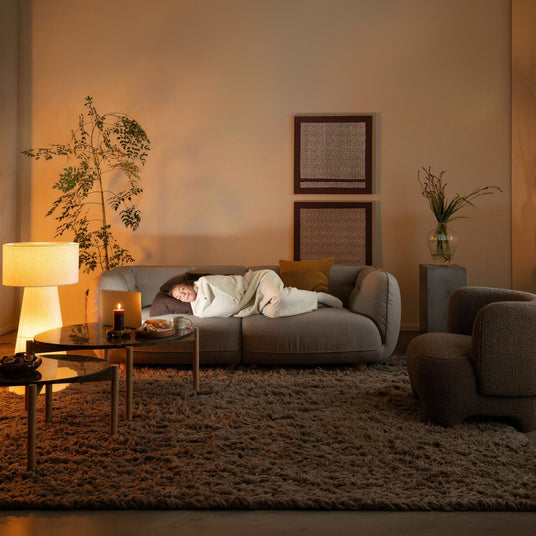 Stue i varm belysning med en person, der sover på en grå sofa under et tæppe; sofaborde med tændt lys, kop og snack, gulvlampe, vægkunst, stor blød måtte og planter.