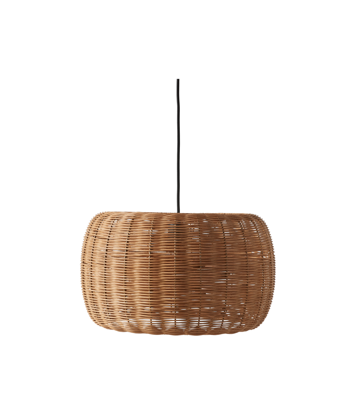 Flettet rattan pendel i naturfarve med afrundet, oval skærm.