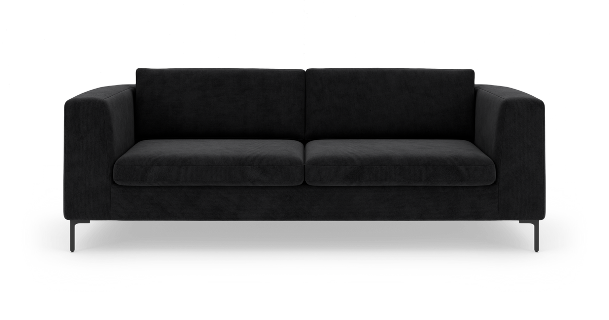 Sort tresæders sofa set forfra, fritstående mod hvid baggrund.
