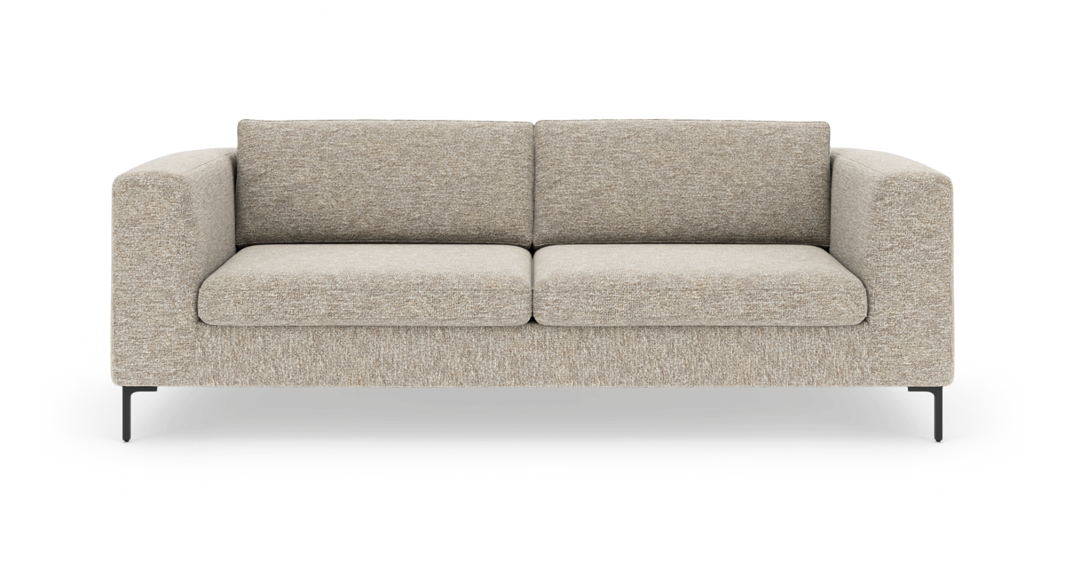 Beige 2-personers sofa med lige armlæn og sorte metalben, frontvisning.