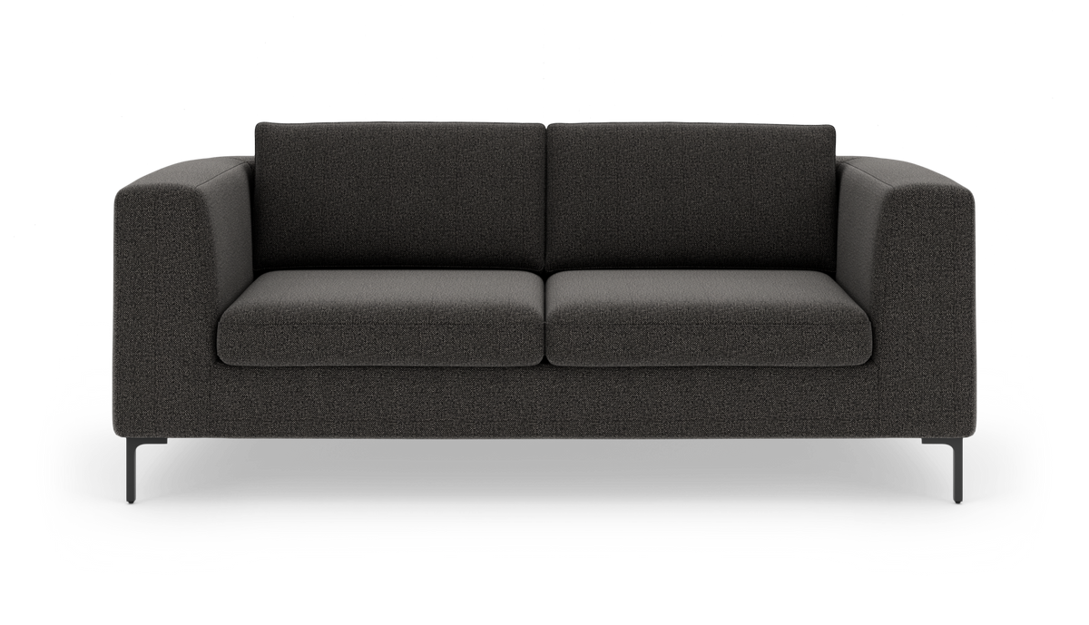Mørkegrå 2-personers sofa med rene linjer på neutral baggrund.