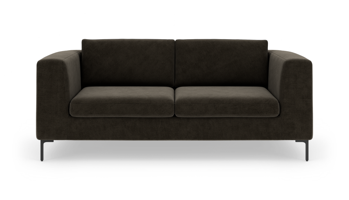 Mørkegrå sofa med to sædehynder, frontvisning på hvid baggrund.