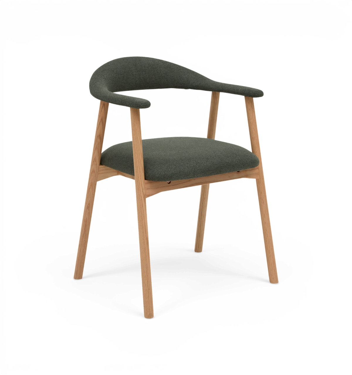 Stol med grønt stof og ben i lys eg, afrundet ryglæn og armlæn.