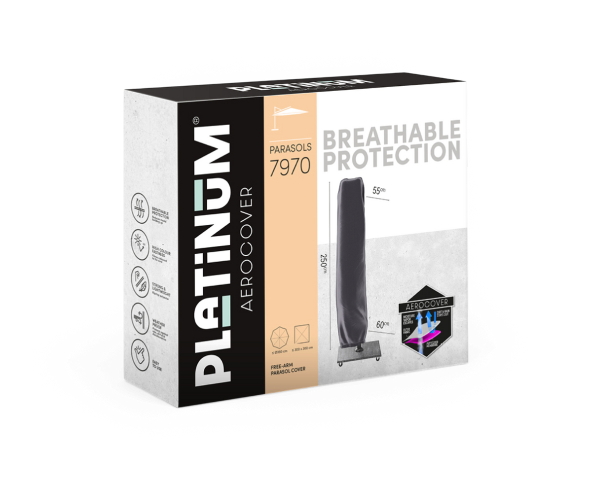 Produktforklædning: PLATINUM Aerocover Parasols 7970 – Breathable Protection. Fritarms parasolovertræk, højde 250 cm, topbredde 55 cm, bundbredde 60 cm.