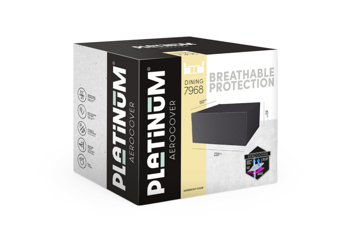 Emballage til PLATINUM Aerocover Dining 7968 med teksten Breathable Protection; garden set cover, mål ca. 220 x 150 x 85 cm.