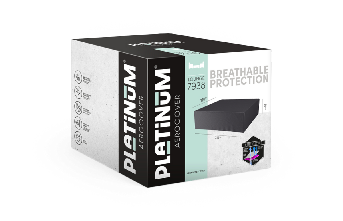 Emballage til Platinum Aerocover Lounge 7938 med teksten “Breathable Protection”; lounge-sæt cover 270×210×40 cm.