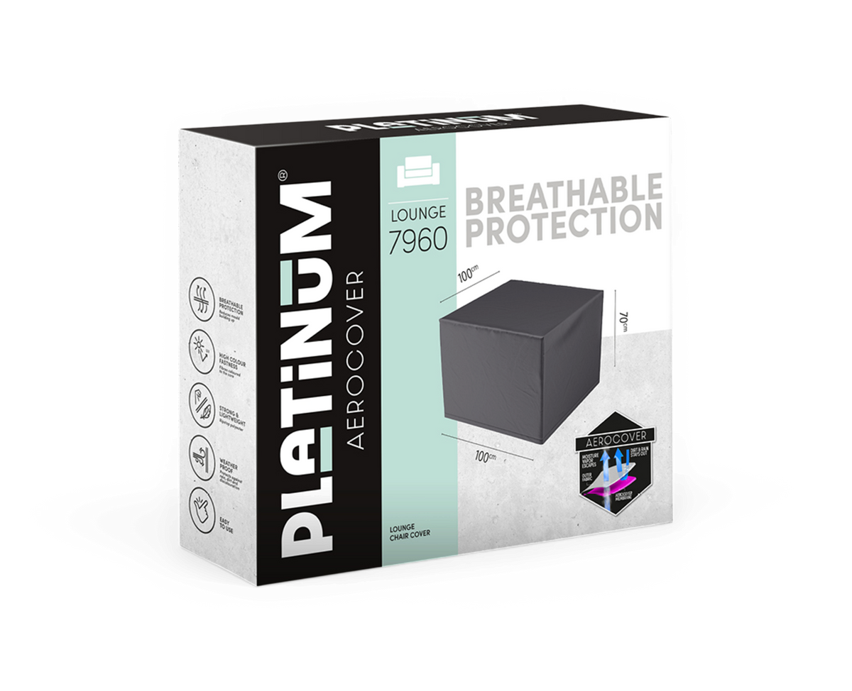 Emballage til Platinum Aerocover Lounge 7960 – lounge-stolovertræk, BREATHABLE PROTECTION, mål 100×100×70 cm.