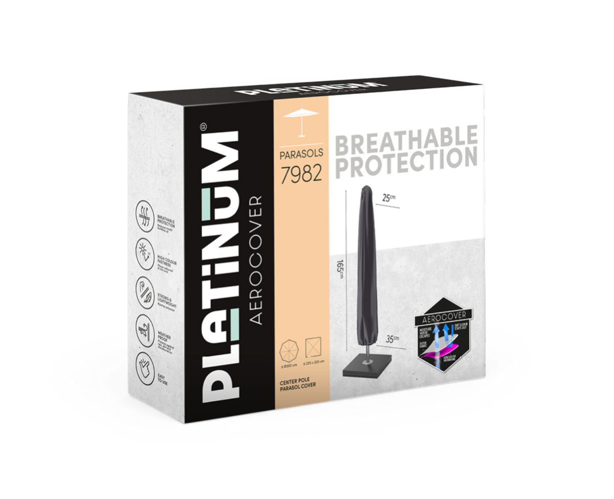 Platinum Aerocover parasolovertræk 7982 – BREATHABLE PROTECTION, center pole parasol cover, mål 165 cm i højden og 25 cm topdiameter.