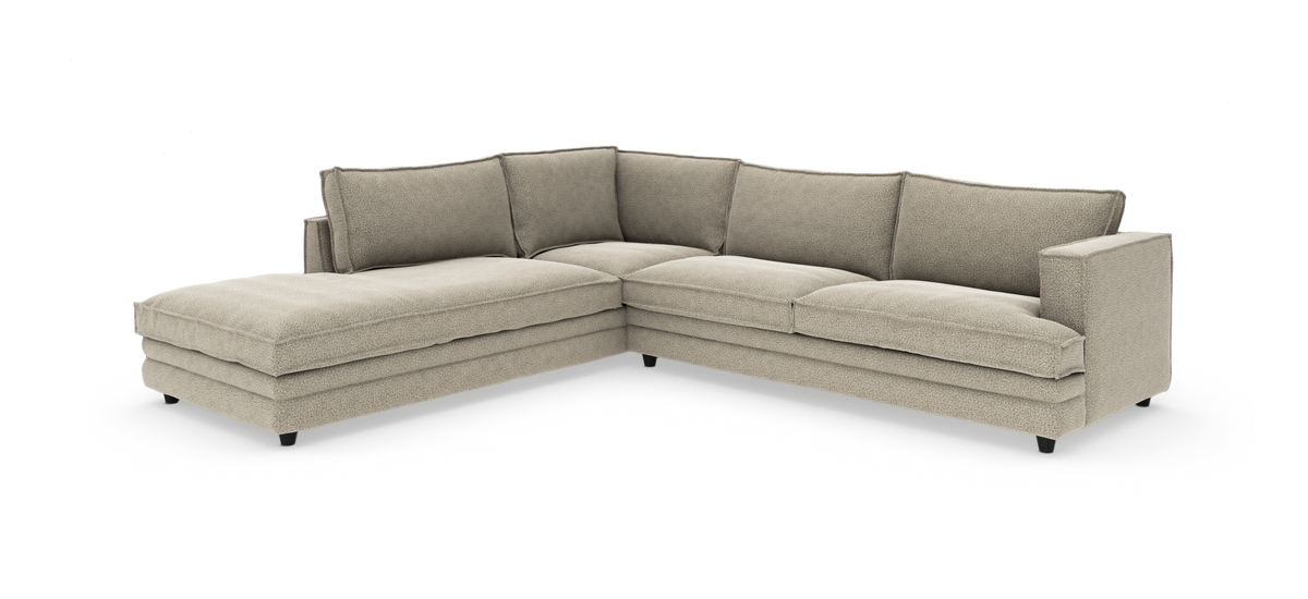Beige L-formet modulsofa med chaiselong, frilagt på hvid baggrund.