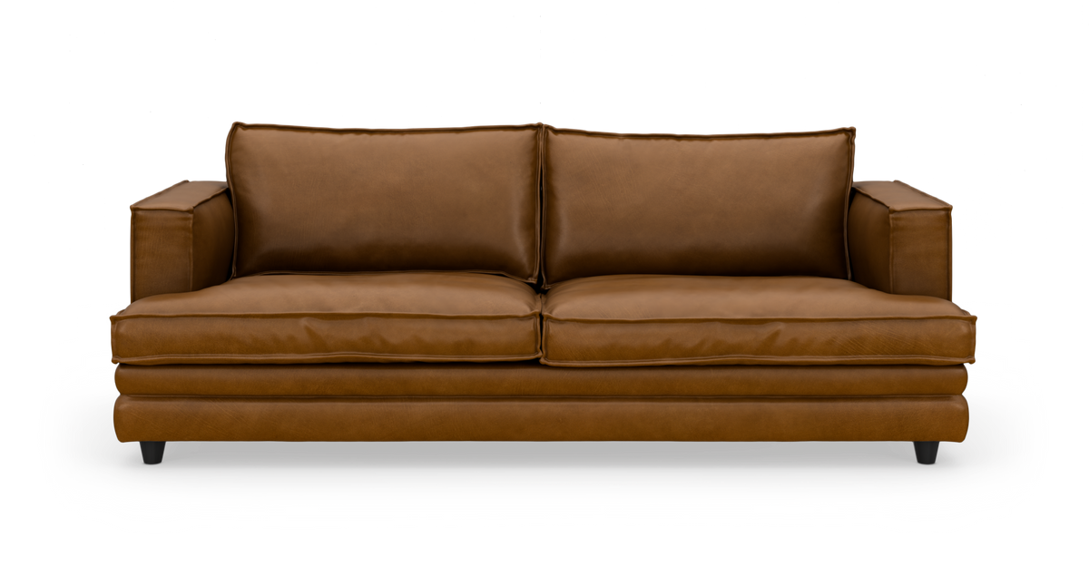 Brun lædersofa med to sædehynder og to ryghynder, fritlagt på hvid baggrund.