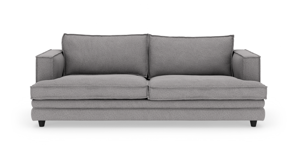 Grå sofa med lige armlæn og to sæde- og ryghynder, frilagt på hvid baggrund.