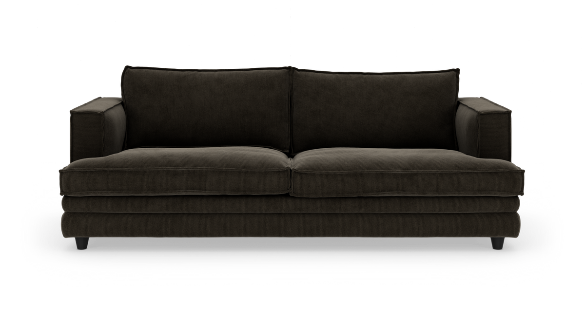 Mørkebrun 2-personers sofa i corduroy, set forfra på hvid baggrund.