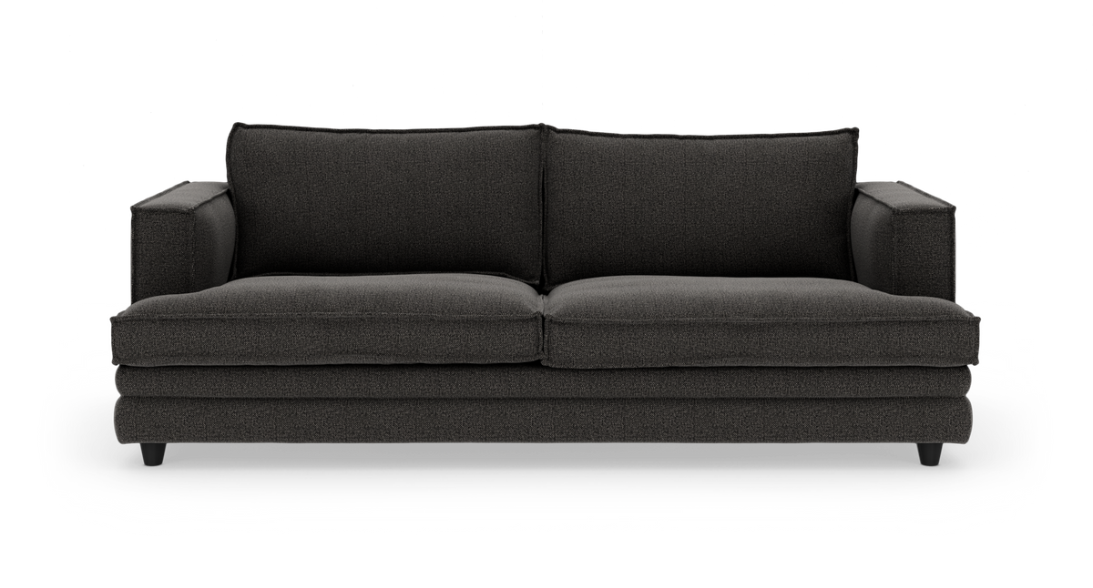 Mørkegrå stofsofa med to sædehynder og to ryghynder, set forfra på hvid baggrund.