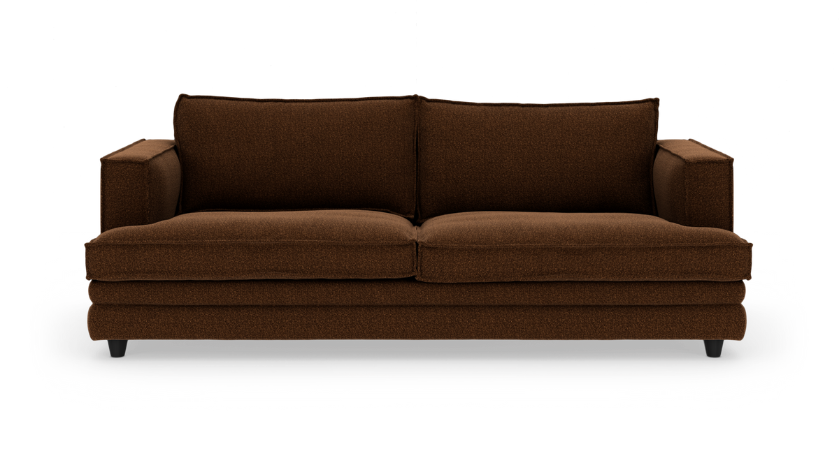 Brun stofsofa med to sæder set forfra på hvid baggrund.