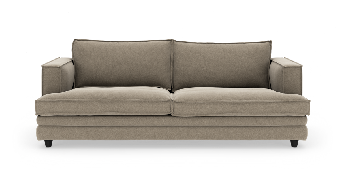 Beige stofsofa set forfra på hvid baggrund