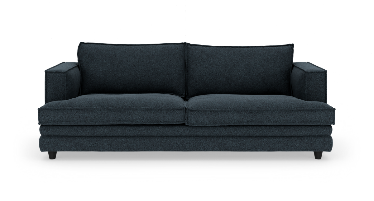 Mørkeblå 2-personers sofa set forfra mod hvid studiebaggrund.