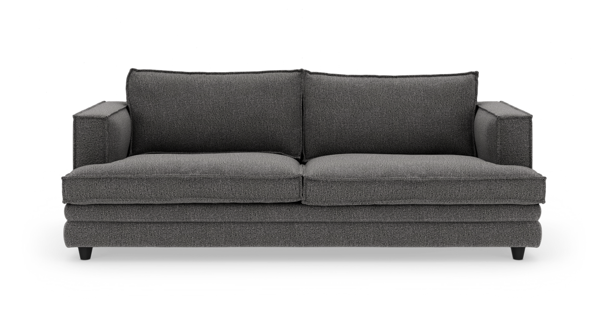 Mørkegrå 2-personers sofa set forfra mod hvid baggrund.
