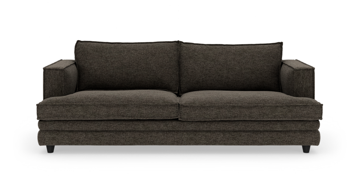 Mørkegrå stofsofa med to sædehynder og to ryghynder, set forfra.