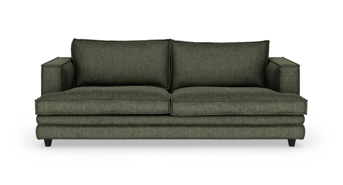 Mørkegrøn stofsofa med to sædehynder, frilagt på hvid baggrund.