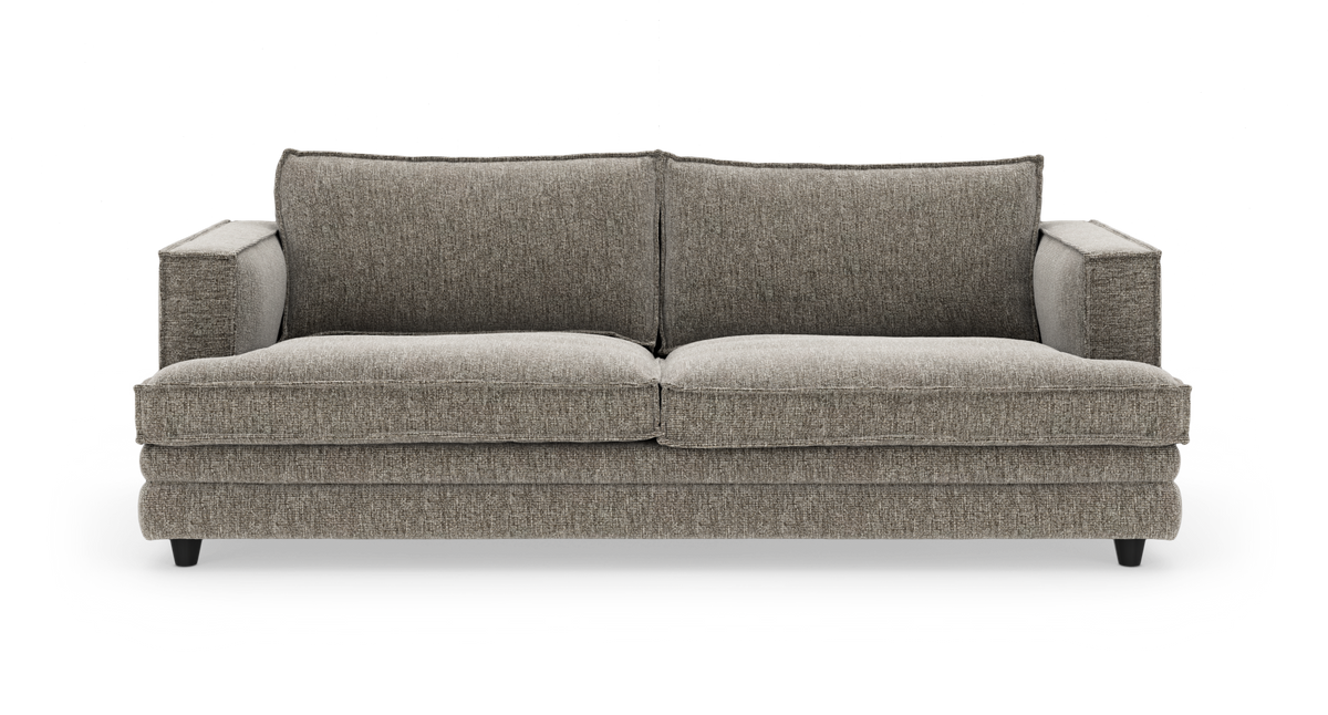 Grå/beige stofsofa med to sæde- og ryghynder, frontvisning på hvid baggrund.