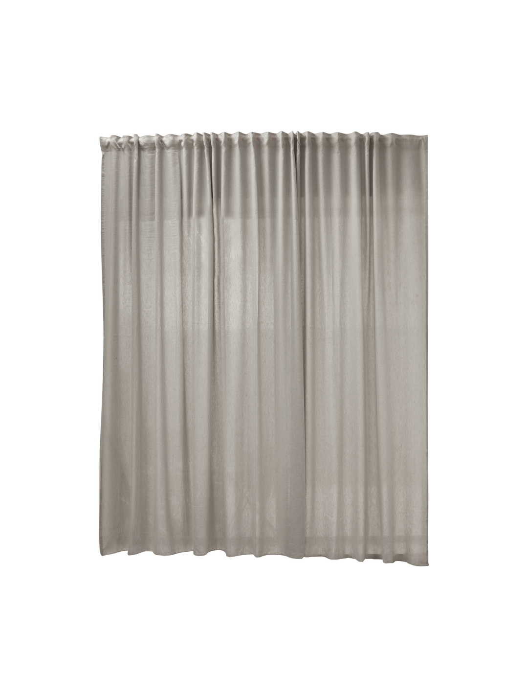 Gennemsigtigt beige gardinpanel med læg, fritlagt på hvid baggrund.