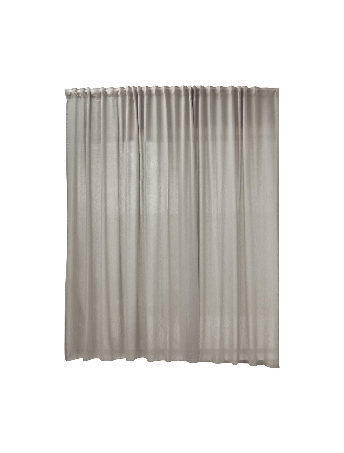 Gennemsigtigt beige gardinpanel med læg, fritlagt på hvid baggrund.