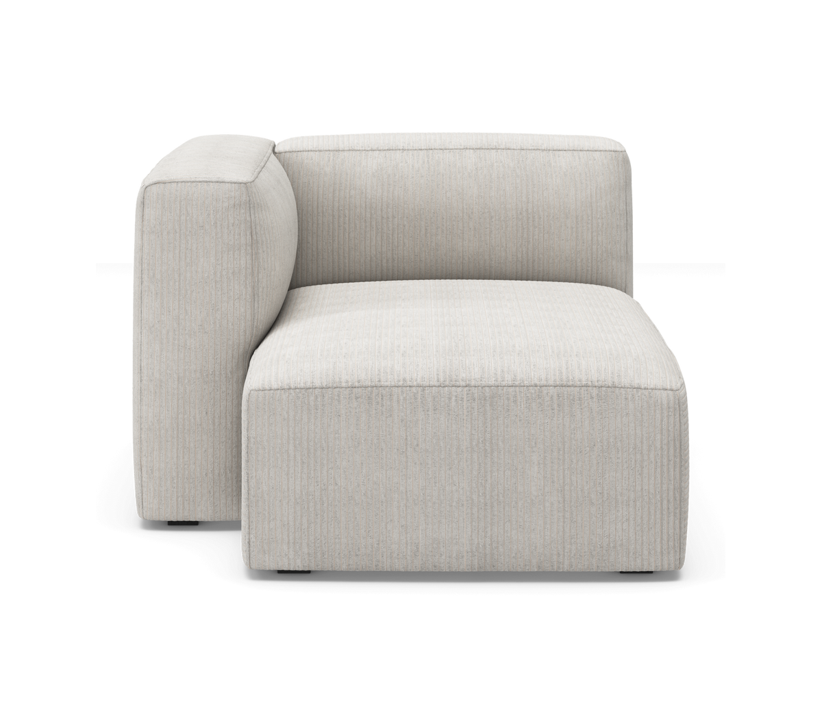 Beige modulsofa hjørnemodul med venstre armlæn og rillet betræk, set lige forfra på hvid baggrund.