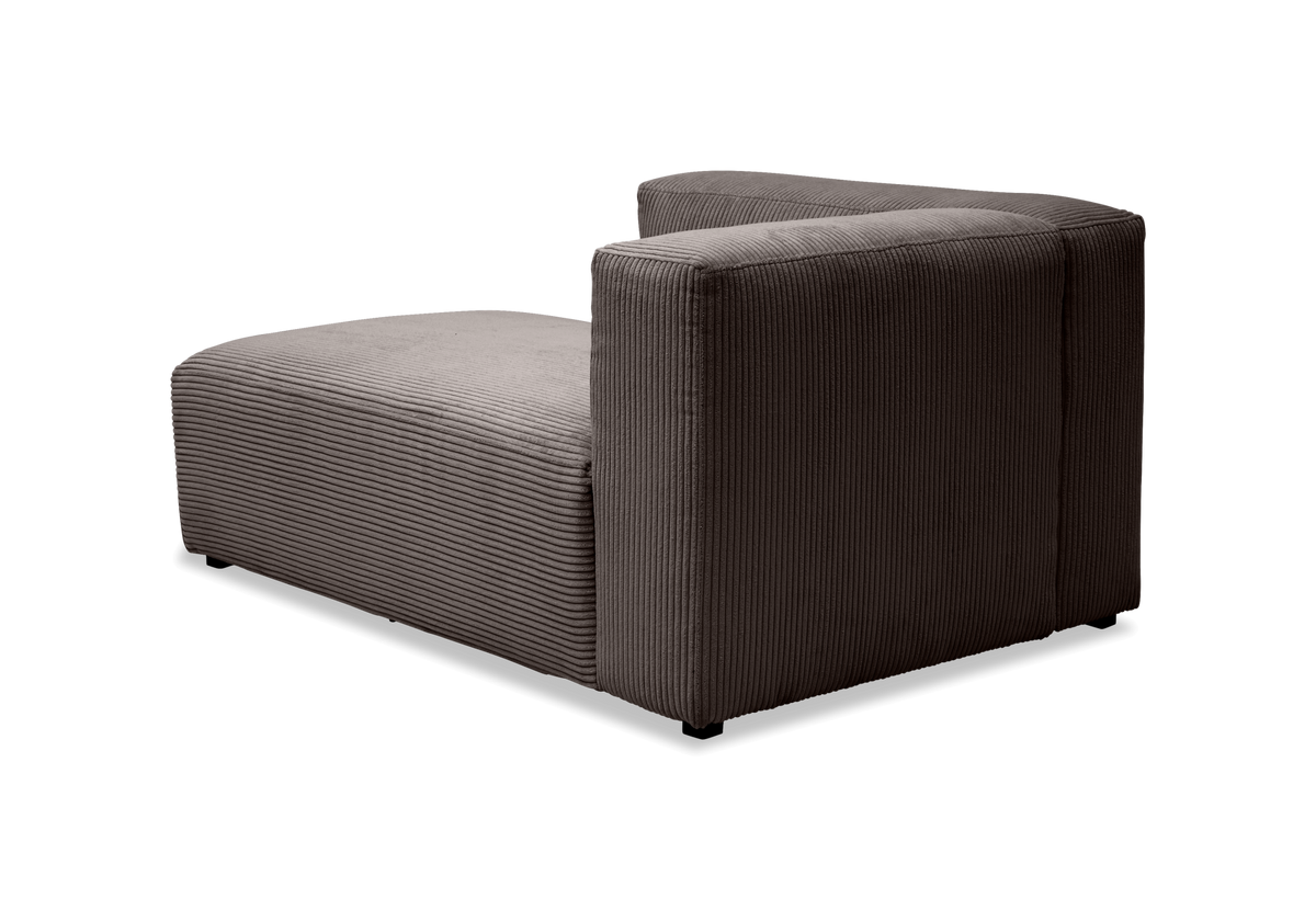 Modulsofa i brungrå bredriflet fløjl, højre endemodul med ryg og armlæn, fritlagt.