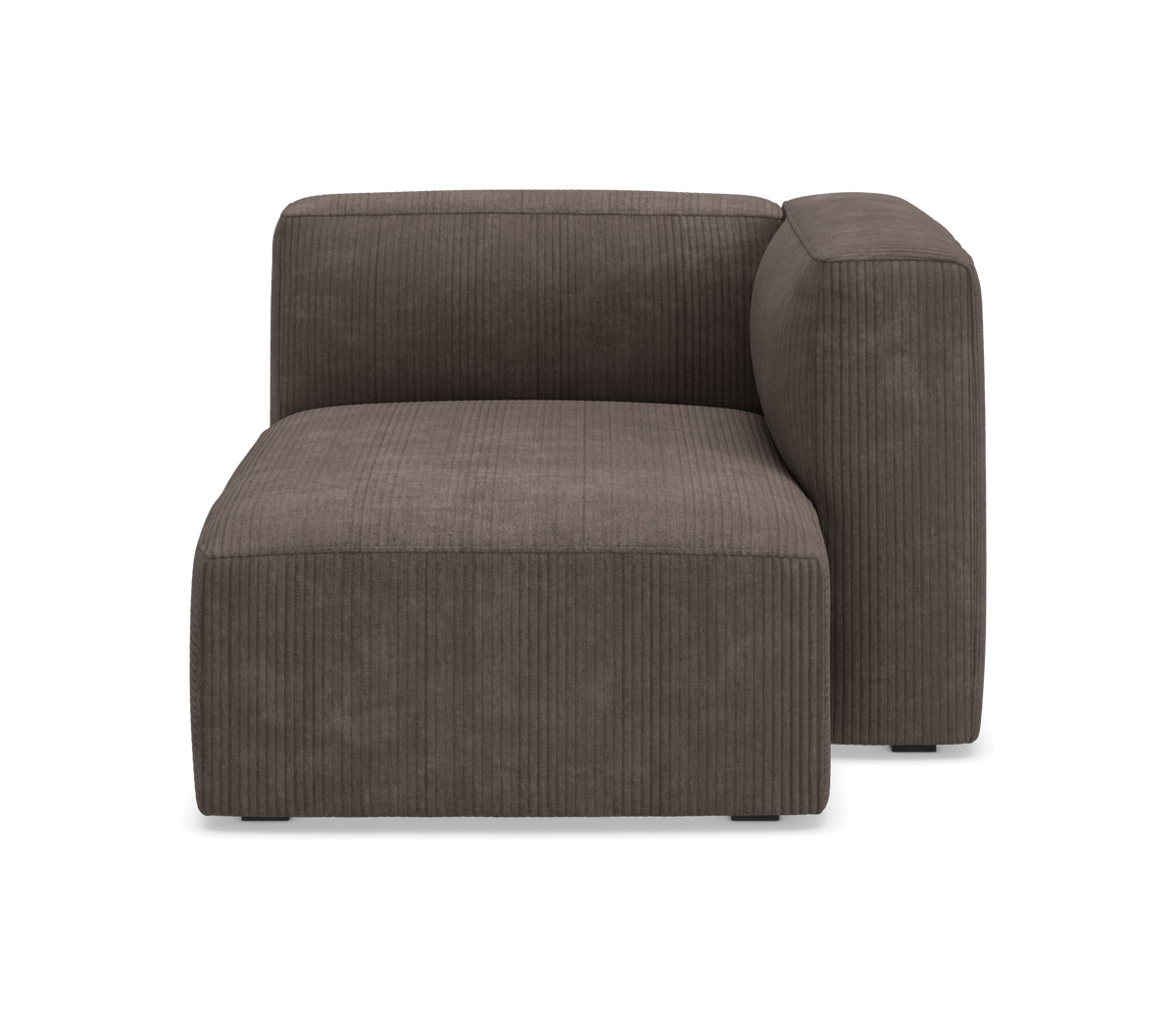 Modulsofa hjørne med højre armlæn, brun fløjl/corduroy-betræk, frilagt studiovisning forfra.
