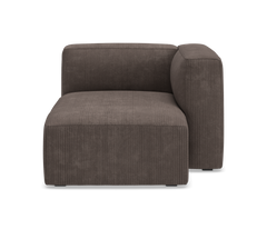 Modulsofa hjørne med højre armlæn, brun fløjl/corduroy-betræk, frilagt studiovisning forfra.