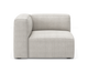 Lys beige modulsofa, hjørnemodul med venstre armlæn i cordfløjl, frilagt på hvid baggrund.