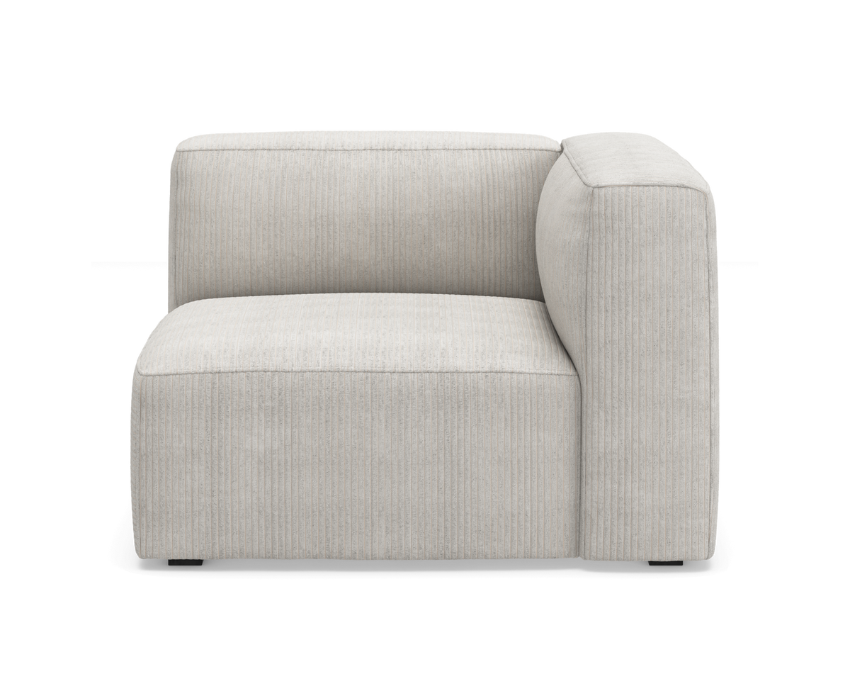 Lys beige modulsofa, højre hjørnemodul set forfra på hvid baggrund.