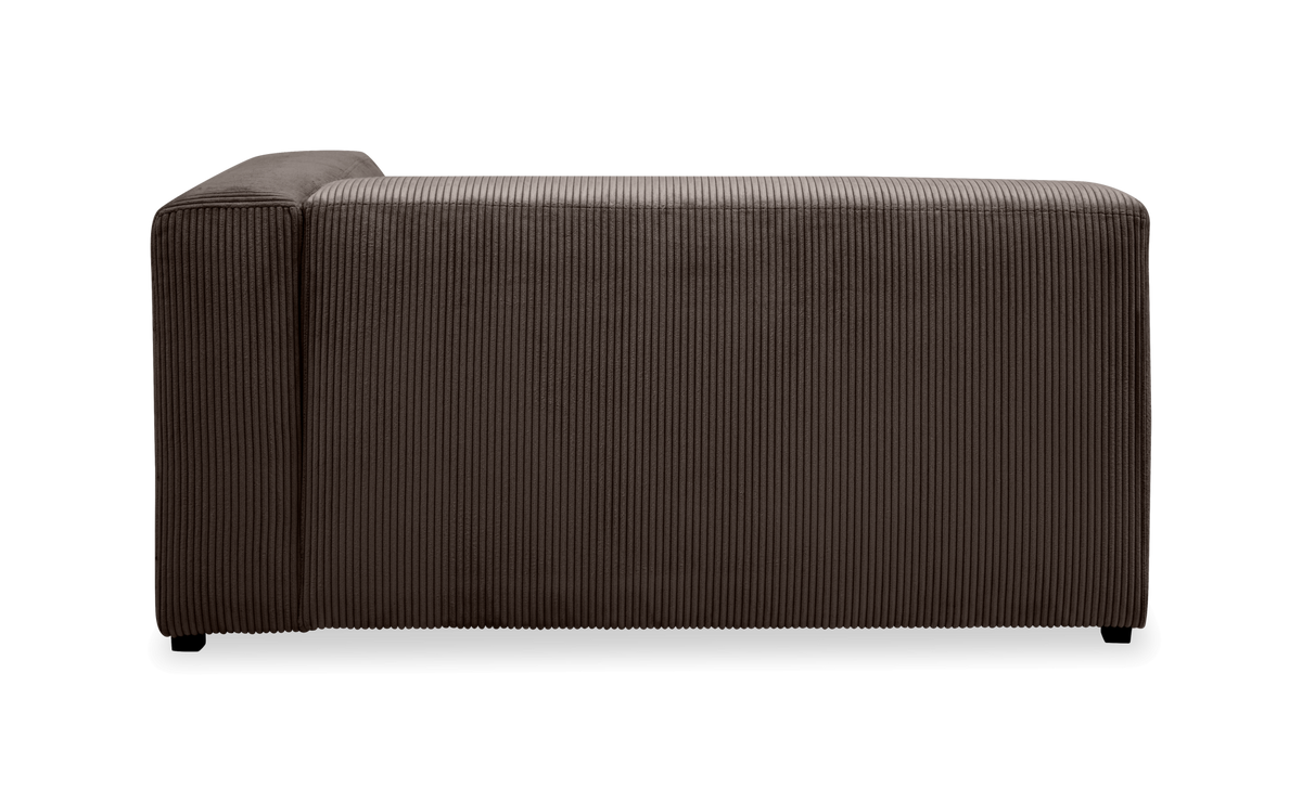 Brun modulsofa i corduroy/fløjl, sidevisning af venstre hjørnemodul frilagt mod hvid baggrund.