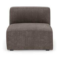 Armløs modulsofa i brun riflet tekstil, fotograferet forfra med let skygge.