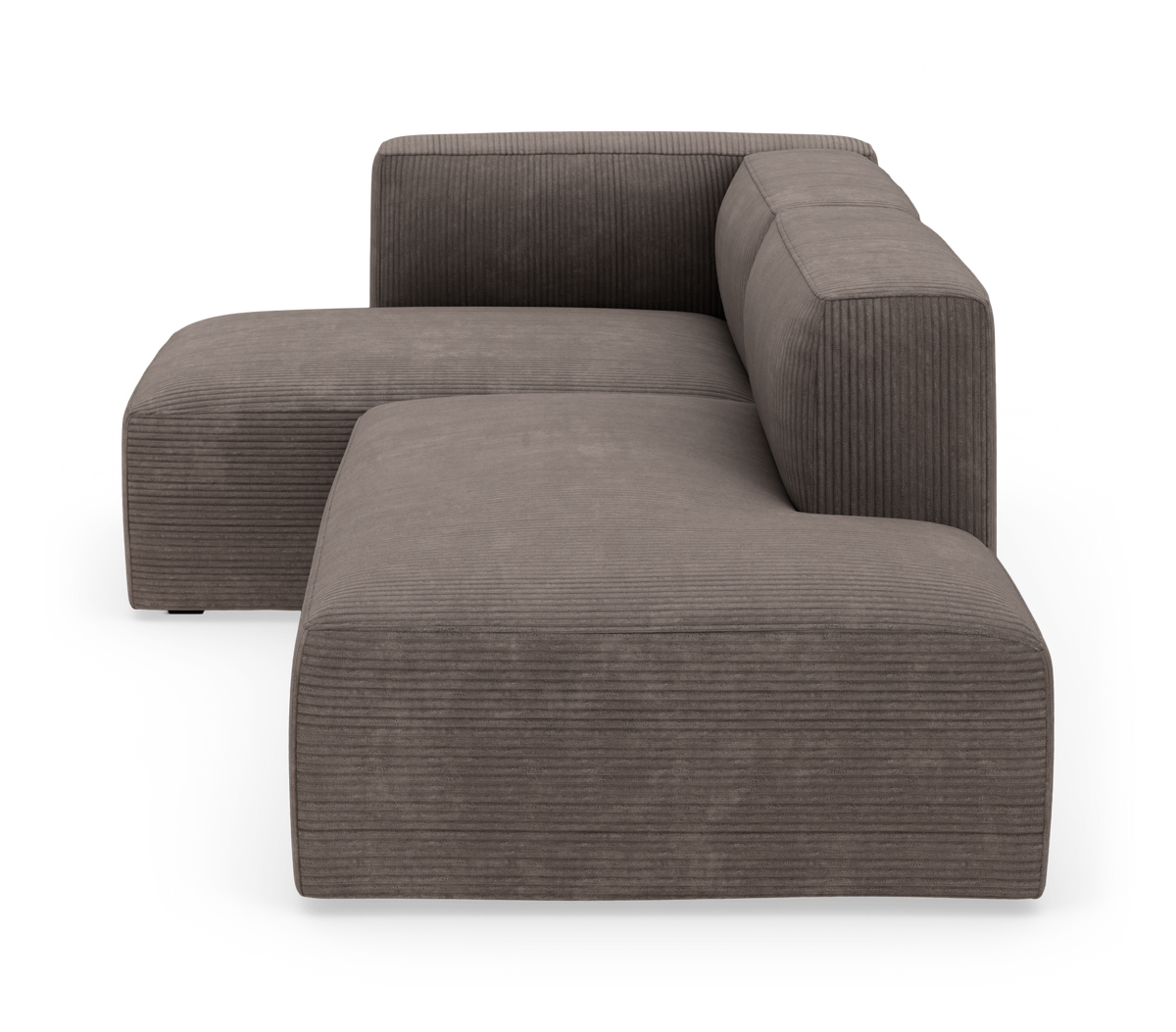 Modulsofa med venstre chaiselong i brungrå manchester/fløjl, lav profil og afrundede former, set let forfra på hvid baggrund.