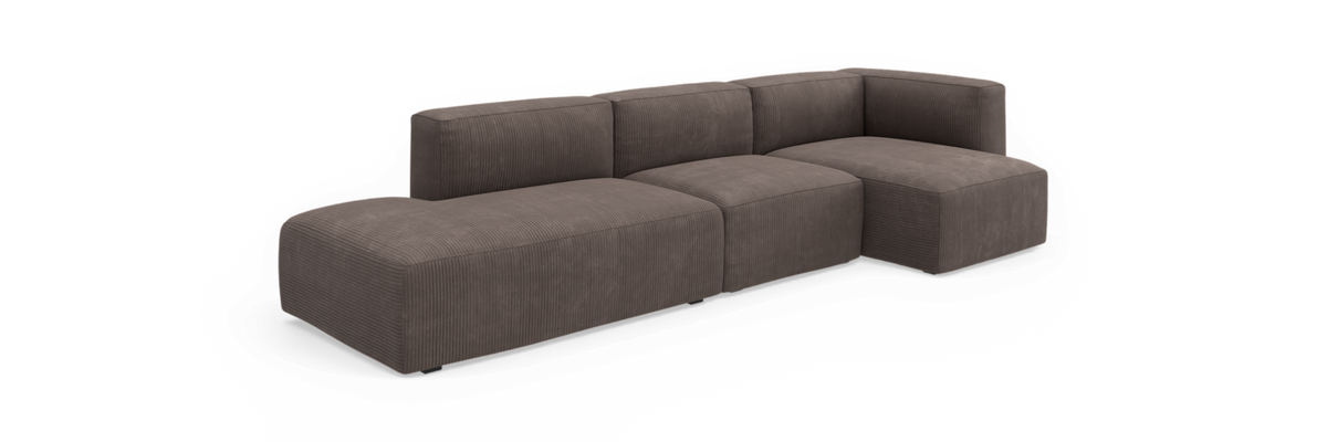 Modulær hjørnesofa i brun fløjl med ribbet struktur, fritlagt.
