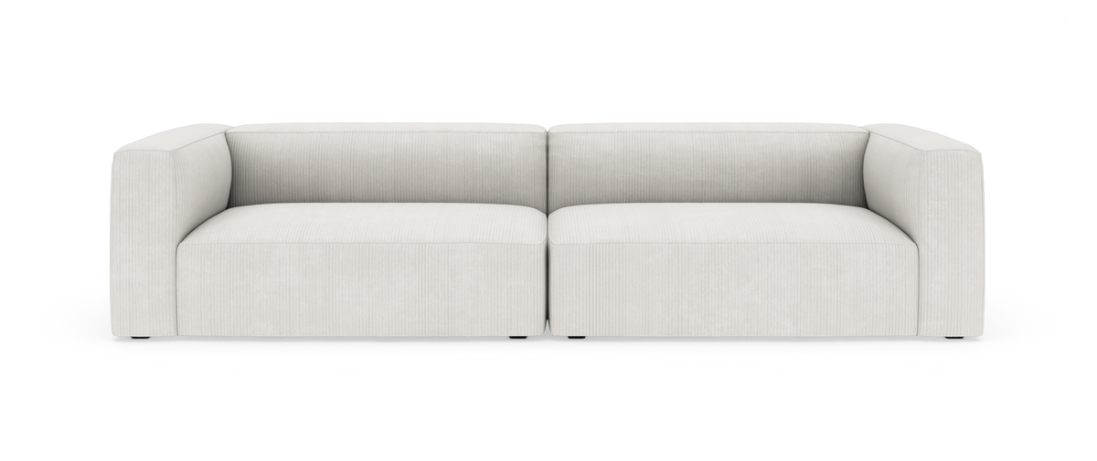 Lys beige modulsofa med to sæder, rene linjer og brede armlæn på hvid baggrund.