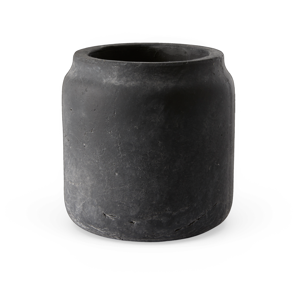 Sort cylindrisk stenvase/krukke med rå, mat overflade.