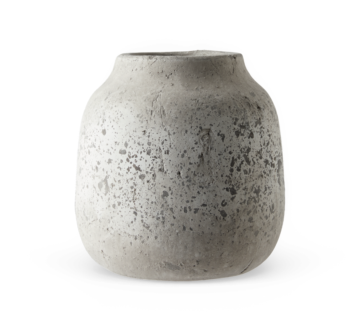 Grovtekstureret grå vase i betonlook med rund form og smal åbning.