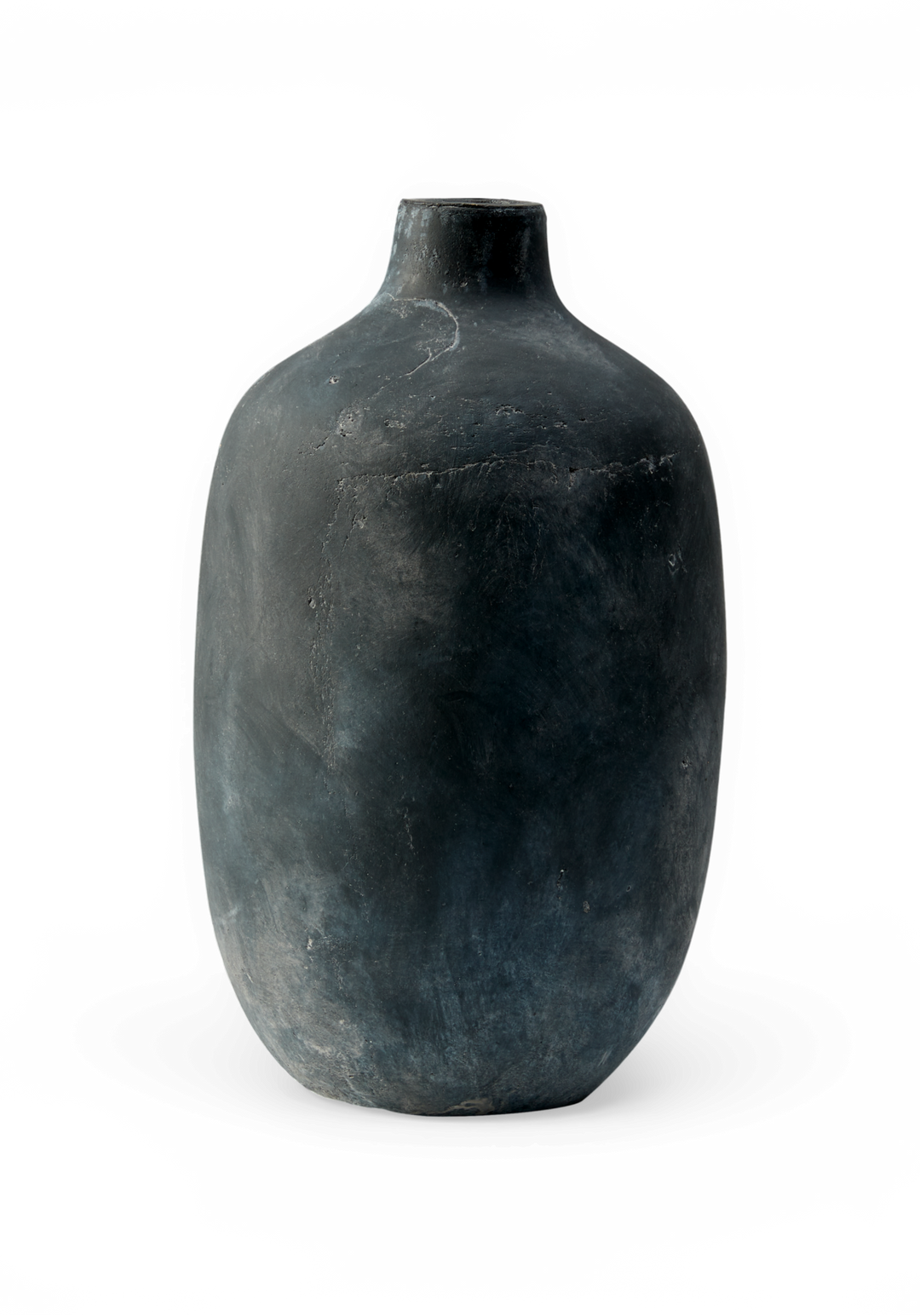Mørkegrå rund keramisk vase med lille hals.