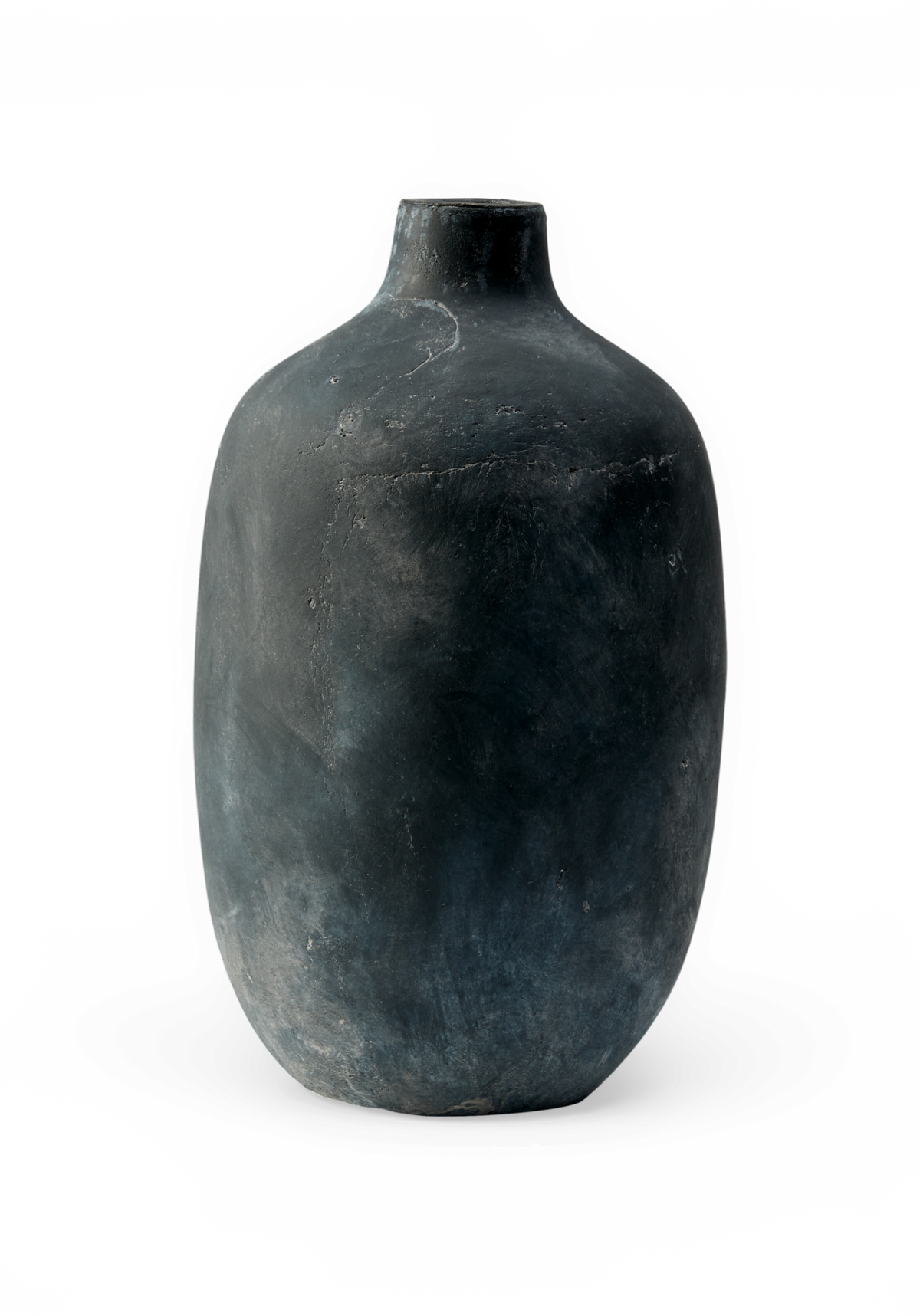 Mørkegrå rund keramisk vase med lille hals.